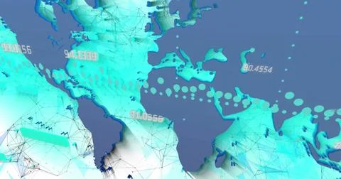 Abstract digital map with interconnected data points and numerical coordinates Stock Photos