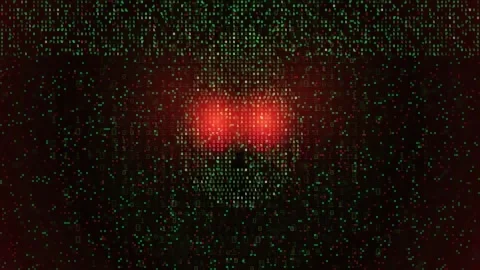 Abstract Digital Matrix Background with Glowing Red Eyes and Green Binary Code Видео 343161244