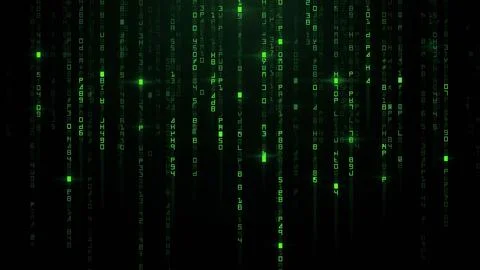 Abstract digital matrix background with glowing green light streaks and bin.. Stock Illustration