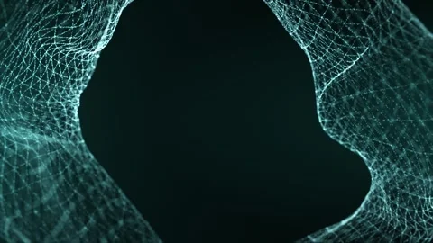 Abstract digital mesh forming a flowing network tunnel with glowing particles Видео 331032151
