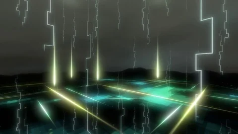 Abstract digital neon city rain storm static camera loop (Sharp) Stock Footage 73697697