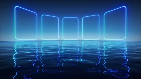 Abstract digital neon screens reflected on rippling water surface in futuri.. 库存影片 327109113