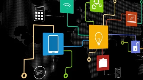 Abstract digital network animation with app icons connected by lines over a.. Stock Footage 334762997