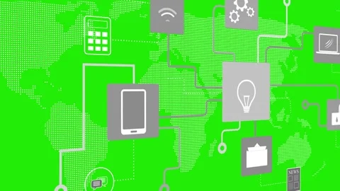 Abstract digital network animation with app icons connected by lines over a.. Vidéo 334763025