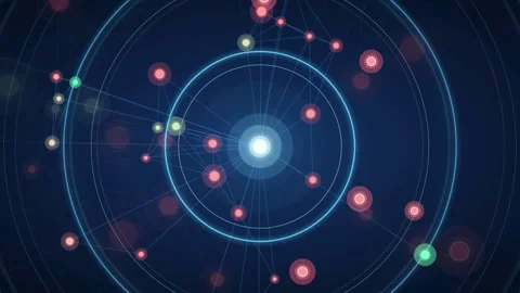 Abstract digital network animation with glowing nodes and concentric circles on Stockbeeldmateriaal 343160718