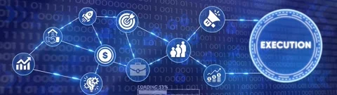 Abstract digital network animation showing business icons on binary code ba.. Stock Footage 332396064
