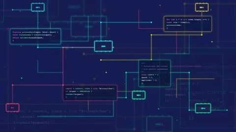 Abstract Digital Network Background with Animated Code and Glowing Data Stock Footage 339948770