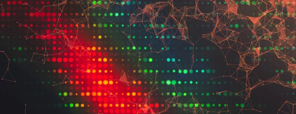 Abstract Digital Network Background with Colorful Data Dots and Polygonal C.. Illustrazione stock