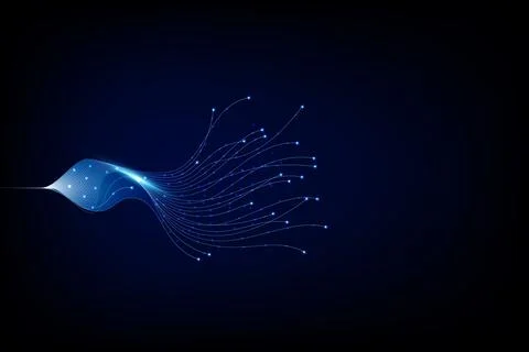 Abstract digital network with blue glowing nodes connected by lines, flowing Stock Illustration