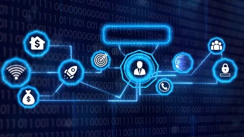 Abstract digital network with business icons on binary code background Stock Footage 327760693