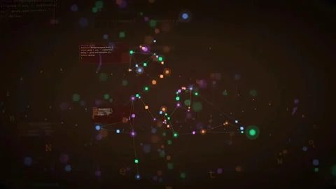 Abstract Digital Network Connection with Floating Data Nodes and Code on Dark Stock Footage 339969293