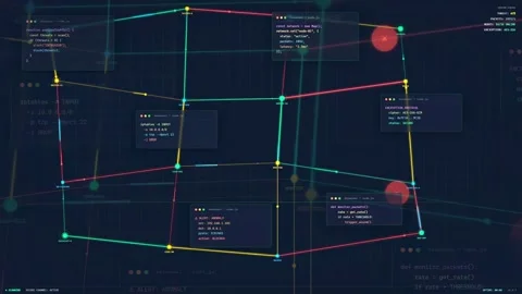 Abstract digital network connection with flowing data lines and code on dark Stock Footage 340117954