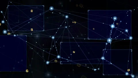 Abstract Digital Network Connection with Glowing Nodes and Floating Data Frames Stock Footage 339317193
