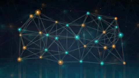 Abstract Digital Network Connection with Glowing Blue and Gold Nodes on Dark Stock Footage 339318053
