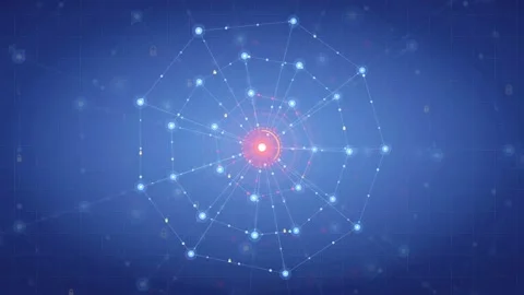 Abstract Digital Network Connection with Glowing Nodes and Central Hub on Blue Stockbeeldmateriaal 343157511