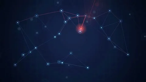 Abstract digital network connection with glowing nodes and lines on a dark blue 動画素材 343161363
