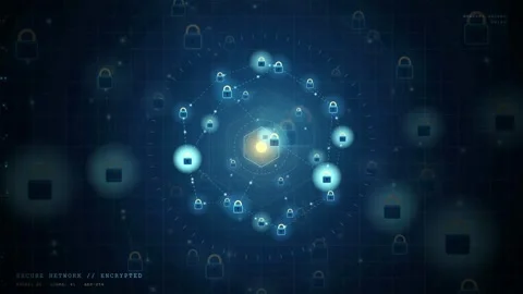 Abstract Digital Network Connection with Glowing Data Nodes and Security Lock 動画素材 343161529
