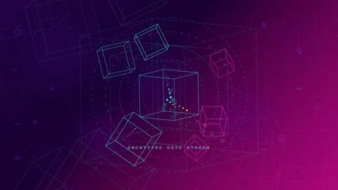 Abstract Digital Network with Floating Wireframe Cubes and Encrypted Data Stock Footage 339315978