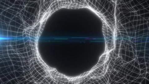 Abstract digital network forms luminous wireframe around dark central void... Illustrazione stock