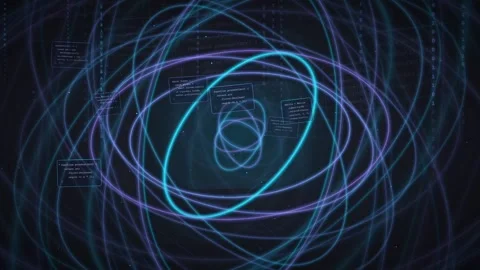 Abstract Digital Network of Glowing Blue and Purple Light Orbits with Data Code Stock Footage 336777168
