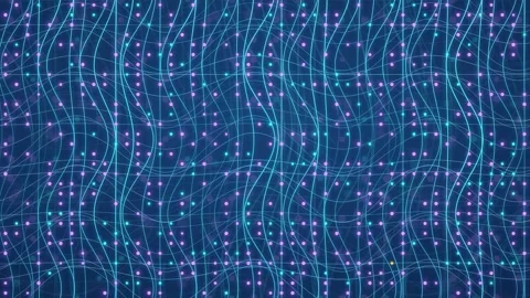 Abstract digital network of glowing blue and gold particles moving in wavy Видео 343429112