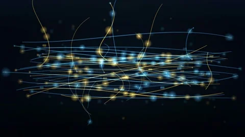 Abstract digital network of glowing blue and gold light lines flowing on dark Video stock 346202442