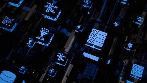 Abstract Digital Network of Glowing Blue Geometric Circuits and Server Rack.. Stock Photos