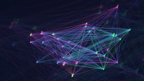 Abstract digital network of glowing colorful lines and dots connecting in a Stock Footage 343861571