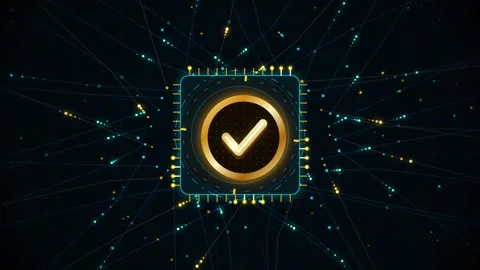 Abstract digital network with glowing golden checkmark inside a stylized ce.. Stock Footage 345045733
