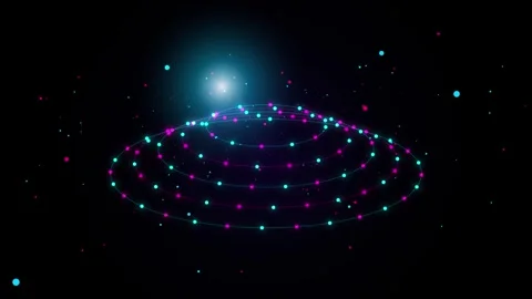 Abstract digital network of glowing neon pink and cyan dots on concentric Stock-Footage 348127839