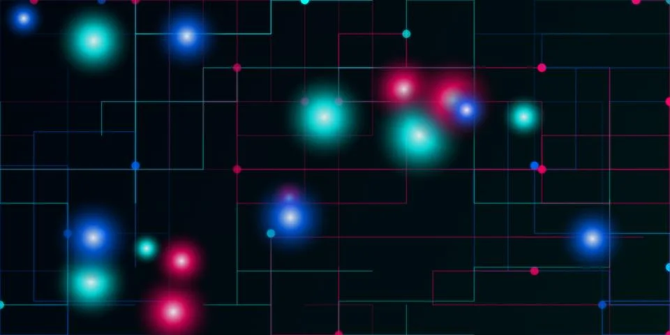 Abstract digital network with glowing neon lights on black Stock Illustration