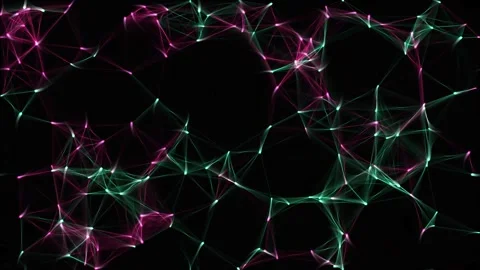 Abstract Digital Network of Glowing Pink and Green Lines and Dots Moving Stockbeeldmateriaal 334959956