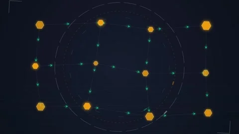 Abstract Digital Network Grid with Orange Nodes and Green Arrows, Futuristi.. Stock Footage 348421959