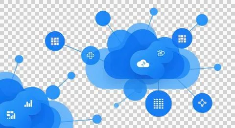 Abstract digital network of interconnected blue nodes and clusters in moder.. Stockillustratie