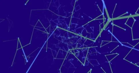 Abstract digital network with interconnected lines and nodes on blue background Stock Illustration