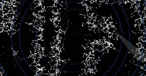 Abstract digital network with interconnected lines and nodes on black background Stock Photos