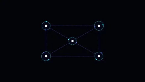 Abstract digital network structure with five glowing nodes on dark background Stockbeeldmateriaal 338310201