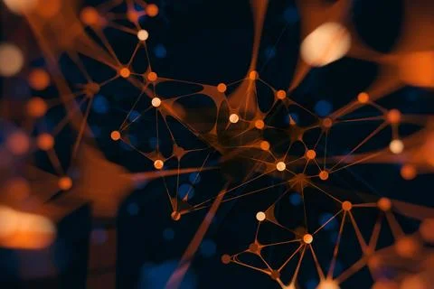 Abstract digital network structure with orange glowing nodes and connected .. Stock Illustration