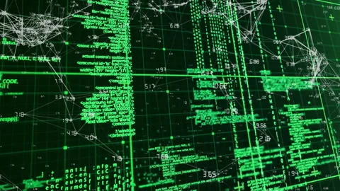 Abstract digital network visualization being animated on dark grid, showing Stock Footage 309145056