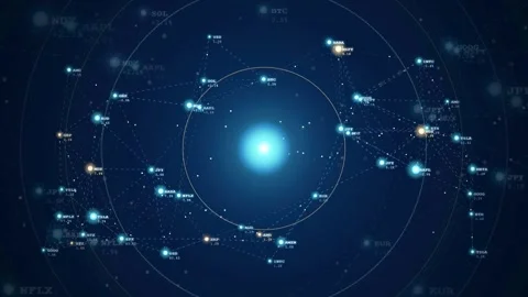 Abstract digital network visualization with glowing data nodes and connecting Stock Footage 343869931