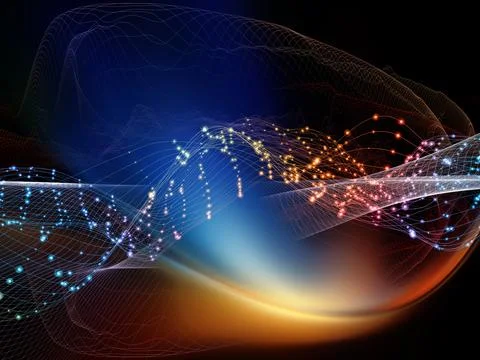 Abstract Digital Network Wave with Glowing Data Lights Stock Illustration