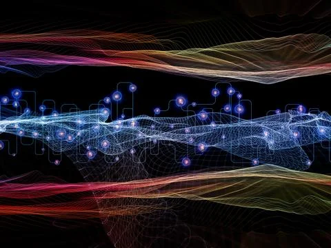 Abstract Digital Network Waves with Glowing Data Connections Stock Illustration