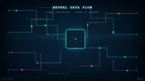 Abstract Digital Neural Data Flow with Glowing Circuit Lines and Central Stock Footage 346203489