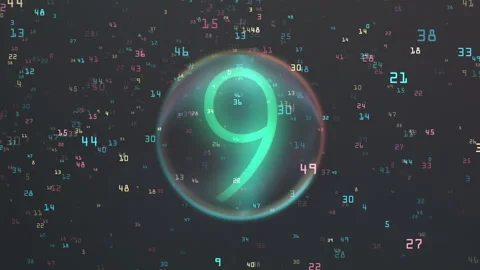 Abstract Digital Numbers Countdown Surround a Shimmering Bubble Stock Footage 321870427