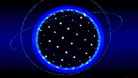 Abstract Digital Orb Rotating with Neon Rings and Particles in Dark Blue Sp.. Video stock 346972837