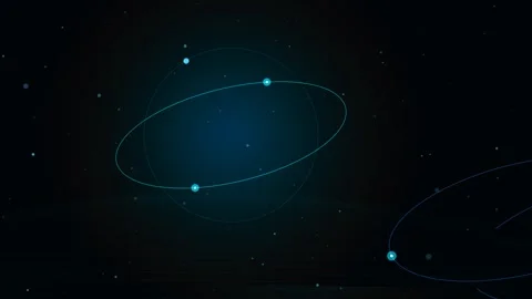 Abstract digital orbiting particles and glowing network connections backgroun Video stock 344855287