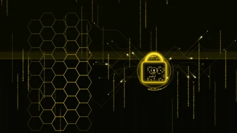 Abstract digital padlock on circuit board with moving hexagons and falling .. Stock-Footage 341824474