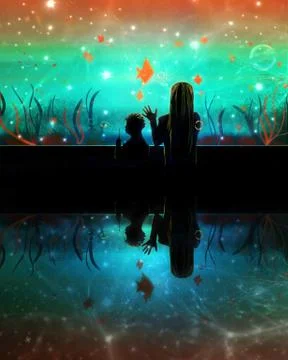 Abstract digital paint of a flashy theme of a woman and her child in an aquar Stock Illustration