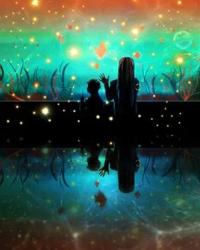 Abstract digital paint of a flashy theme of a woman and her child in an aquar Stock Illustration
