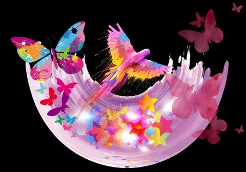 Abstract digital paint of a tropical theme of a multicolored bird and butterf Stock Illustration